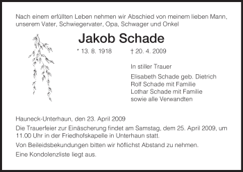 Traueranzeige von Jakob Schade von HERSFELDER ZEITUNG