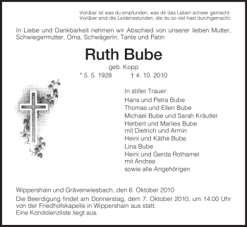 Traueranzeige von Ruth Bube von HERSFELDER ZEITUNG