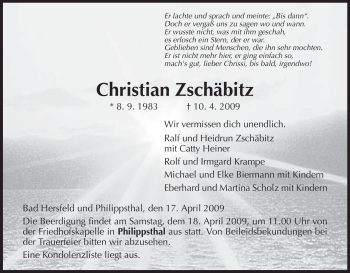 Traueranzeige von Christian Zschäbitz von HERSFELDER ZEITUNG