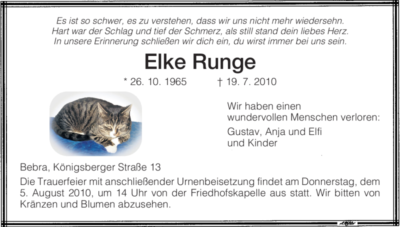  Traueranzeige für Elke Runge vom 02.08.2010 aus HERSFELDER ZEITUNG