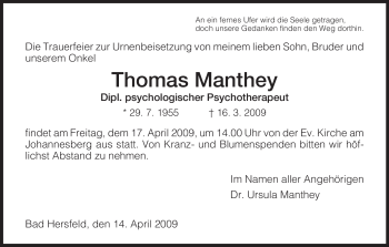 Traueranzeige von Thomas Manthey von HERSFELDER ZEITUNG