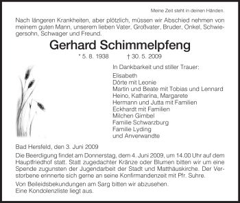 Traueranzeige von Gerhard Schimmelpfeng von HERSFELDER ZEITUNG
