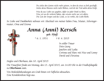 Traueranzeige von Anna Kersch von Hersfeld