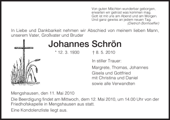 Traueranzeige von Johannes Schrön von HERSFELDER ZEITUNG