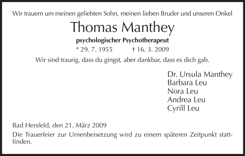  Traueranzeige für Thomas Manthey vom 21.03.2009 aus HERSFELDER ZEITUNG