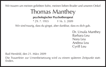 Traueranzeige von Thomas Manthey von HERSFELDER ZEITUNG