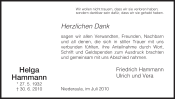 Traueranzeige von Helga Hammann von HERSFELDER ZEITUNG