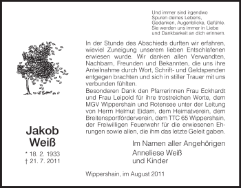 Traueranzeige von Jakob Weiß von HERSFELDER ZEITUNG