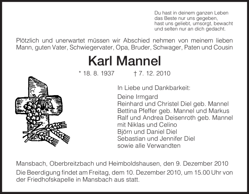  Traueranzeige für Karl Mannel vom 09.12.2010 aus HERSFELDER ZEITUNG