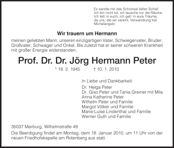 Traueranzeige von Jörg Hermann Peter von HERSFELDER ZEITUNG