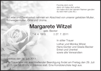 Traueranzeige von Margarete Witzel von HERSFELDER ZEITUNG