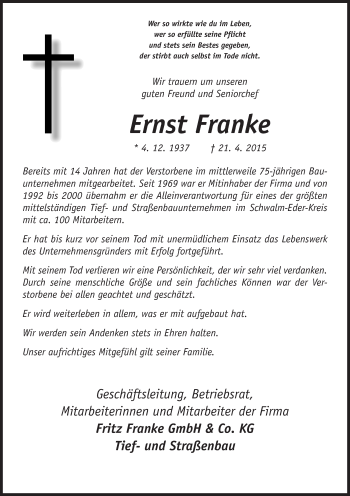 Traueranzeige von Ernst Franke von Hersfeld