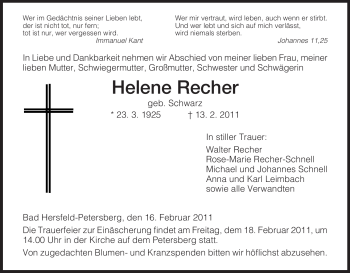 Traueranzeige von Helene Recher von HERSFELDER ZEITUNG