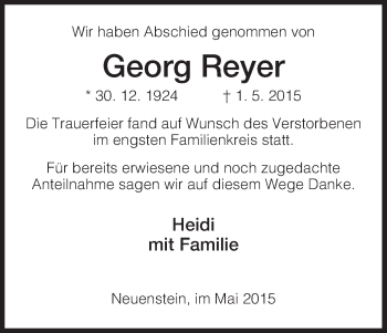 Traueranzeige von Georg Reyer von Hersfeld