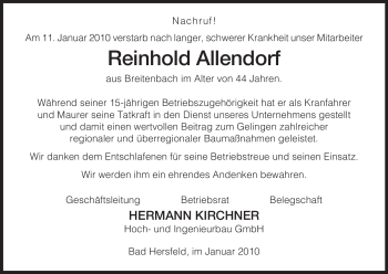 Traueranzeige von Reinhold Allendorf von HERSFELDER ZEITUNG