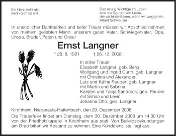 Traueranzeige von Ernst Langner von HERSFELDER ZEITUNG