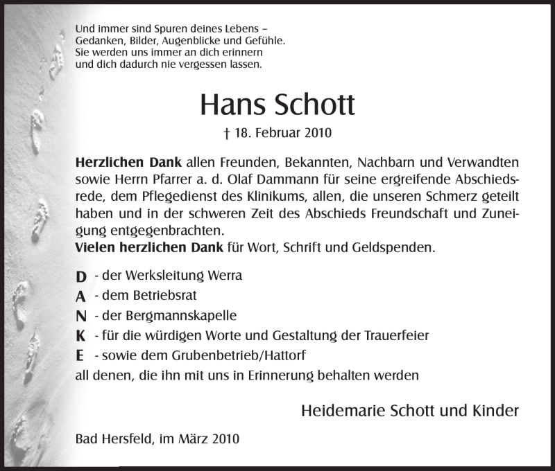  Traueranzeige für Hans Schott vom 13.03.2010 aus HERSFELDER ZEITUNG