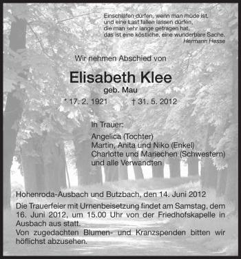 Traueranzeige von Elisabeth Klee von HERSFELDER ZEITUNG