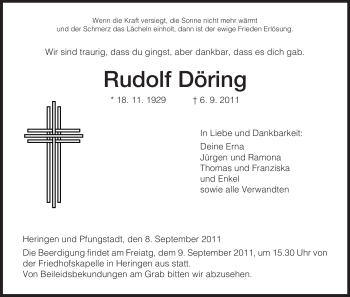 Traueranzeige von Rudolf Döring von HERSFELDER ZEITUNG