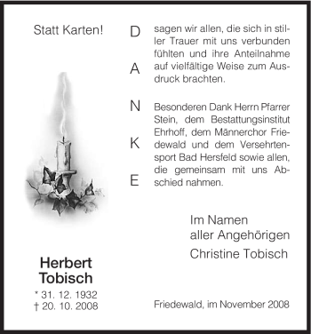 Traueranzeige von Herbert Tobisch von HERSFELDER ZEITUNG