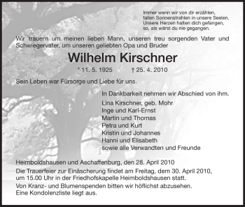 Traueranzeige von Wilhelm Kirschner von HERSFELDER ZEITUNG