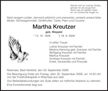 Traueranzeige von Martha Kreutzer von HERSFELDER ZEITUNG