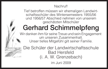 Traueranzeige von Gerhard Schimmelpfeng von HERSFELDER ZEITUNG