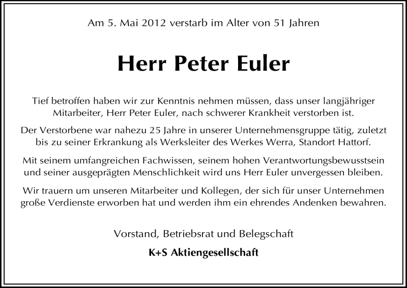  Traueranzeige für Peter Euler vom 12.05.2012 aus HERSFELDER ZEITUNG