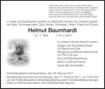 Traueranzeige von Helmut Baumhardt von HERSFELDER ZEITUNG