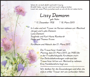 Traueranzeige von Lissy Demann von Hersfeld