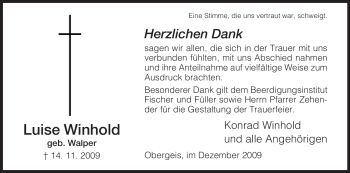 Traueranzeige von Luise Winhold von HERSFELDER ZEITUNG