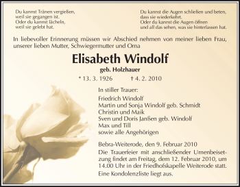 Traueranzeige von Elisabeth Windolf von HERSFELDER ZEITUNG