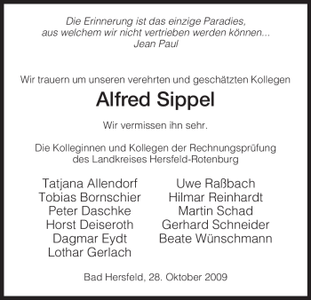 Traueranzeige von Alfred Sippel von HERSFELDER ZEITUNG