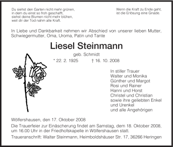 Traueranzeige von Liesel Steinmann von HERSFELDER ZEITUNG