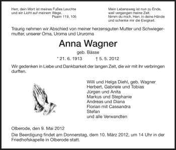 Traueranzeige von Anna Wagner von HERSFELDER ZEITUNG