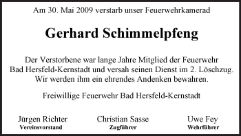 Traueranzeige von Gerhard Schimmelpfeng von HERSFELDER ZEITUNG