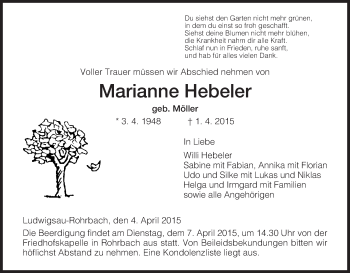 Traueranzeige von Marianne Hebeler von Hersfeld