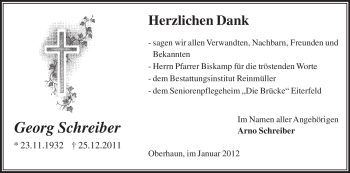 Traueranzeige von Georg Schreiber von HERSFELDER ZEITUNG