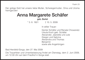 Traueranzeige von Anna Margarete Schäfer von HERSFELDER ZEITUNG