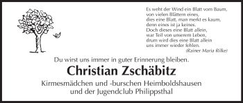 Traueranzeige von Christian Zschäbitz von HERSFELDER ZEITUNG