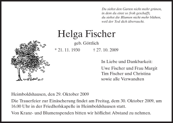 Traueranzeige von Helga Fischer von HERSFELDER ZEITUNG