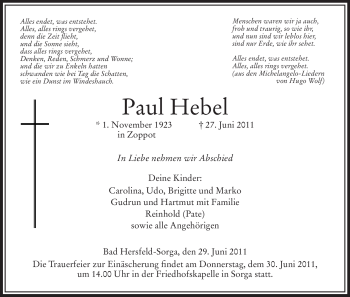 Traueranzeige von Paul Hebel von HERSFELDER ZEITUNG