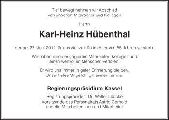 Traueranzeige von Karl-Heinz Hübenthal von HERSFELDER ZEITUNG
