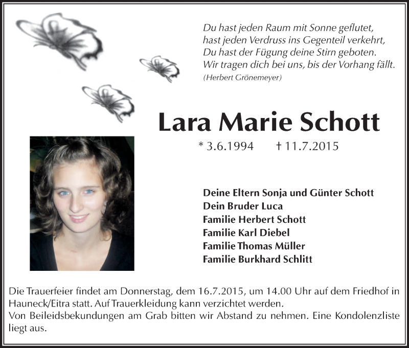  Traueranzeige für Lara Marie Schott vom 14.07.2015 aus Hersfeld