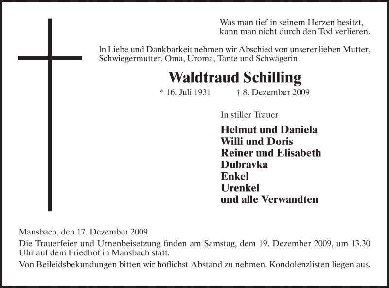  Traueranzeige für Waltraud Schilling vom 17.12.2009 aus HERSFELDER ZEITUNG