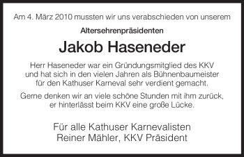 Traueranzeige von Jakob Haseneder von HERSFELDER ZEITUNG