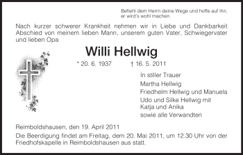 Traueranzeige von Willi Hellwig von HERSFELDER ZEITUNG