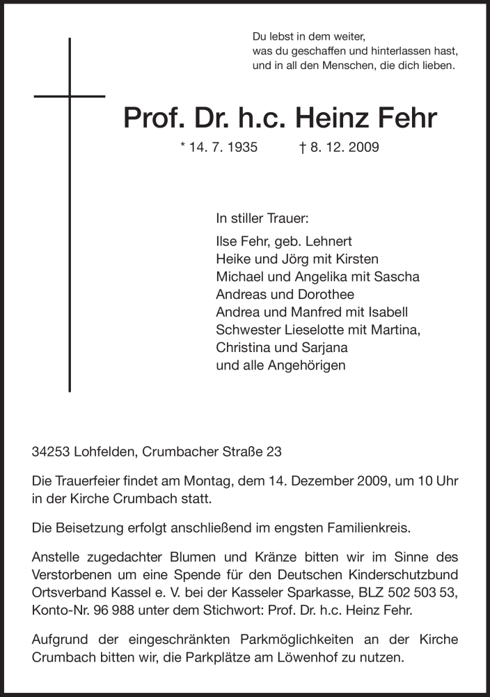  Traueranzeige für Heinz Fehr vom 11.12.2009 aus HERSFELDER ZEITUNG