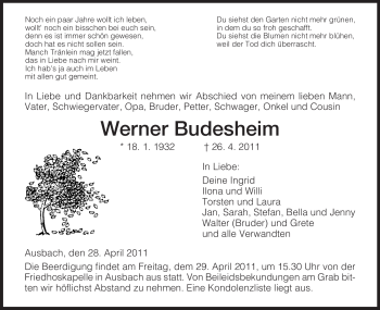 Traueranzeige von Werner Budesheim von HERSFELDER ZEITUNG