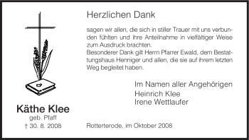 Traueranzeige von Käthe Klee von HERSFELDER ZEITUNG